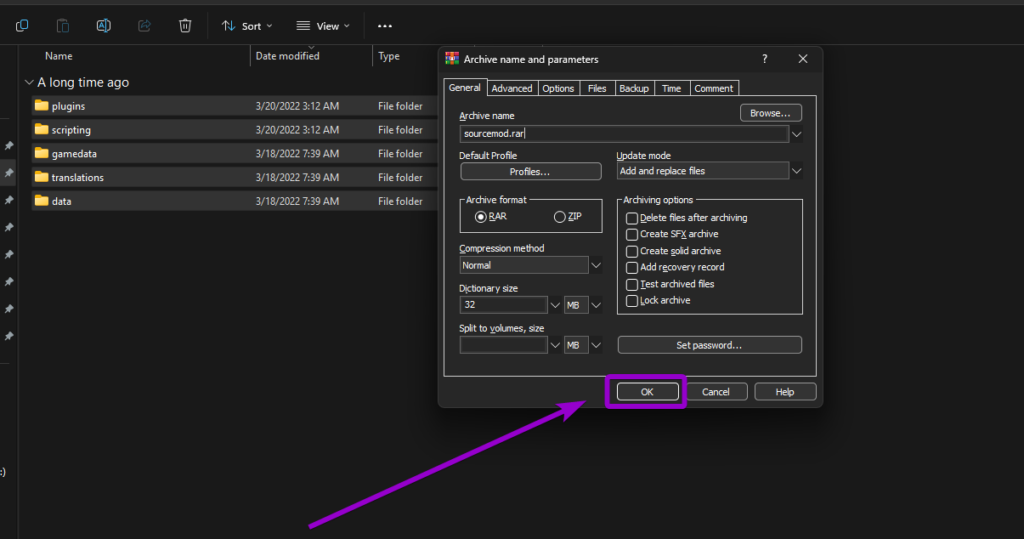 Naming the new WinRAR archive sourcemod.rar
