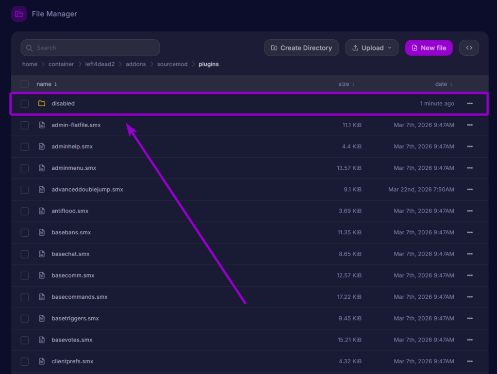 Locating the disabled folder inside the sourcemod plugins directory