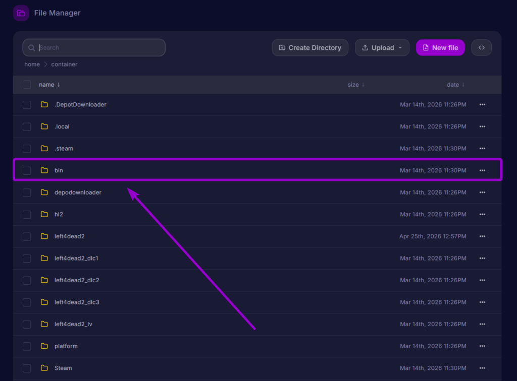 Opening the root bin folder inside the main container directory