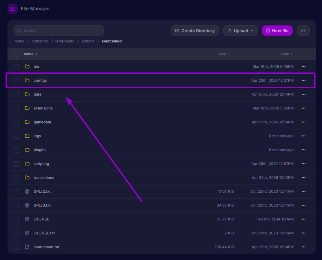 Opening the configs folder inside the addons sourcemod directory