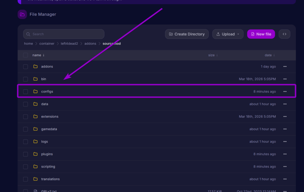 Opening the configs folder inside the sourcemod directory