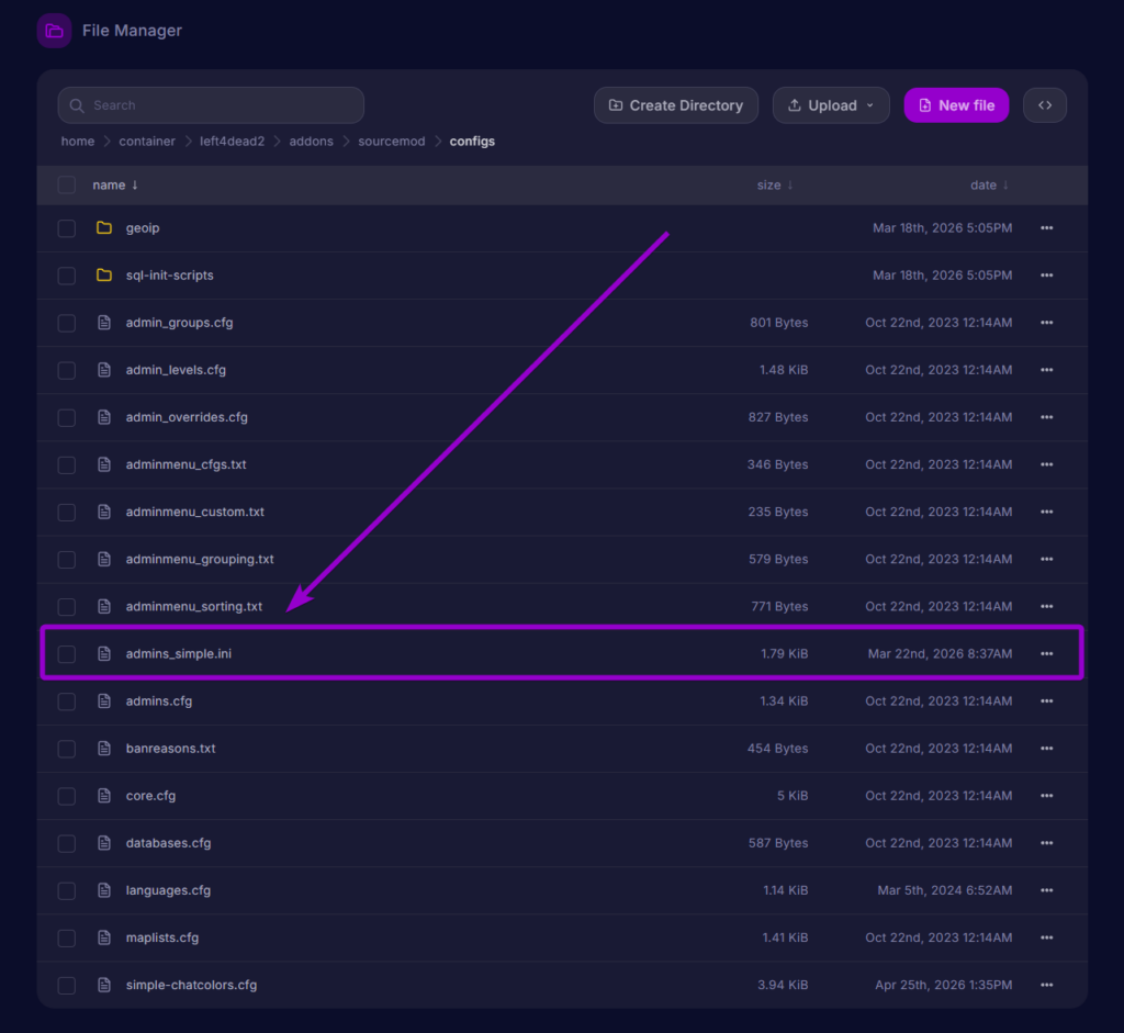 Selecting the admins_simple.ini file to assign VIP permissions