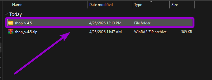 Opening the newly extracted shop_v.4.5 folder on your computer