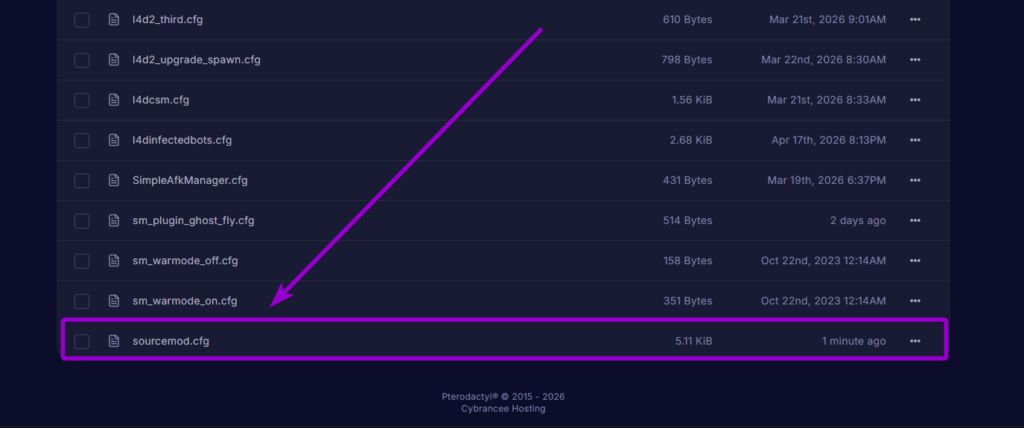 Selecting the sourcemod.cfg file to edit core plugin settings
