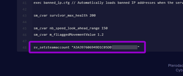 Pasting the Steam token into the server.cfg file using the sv_setsteamaccount command