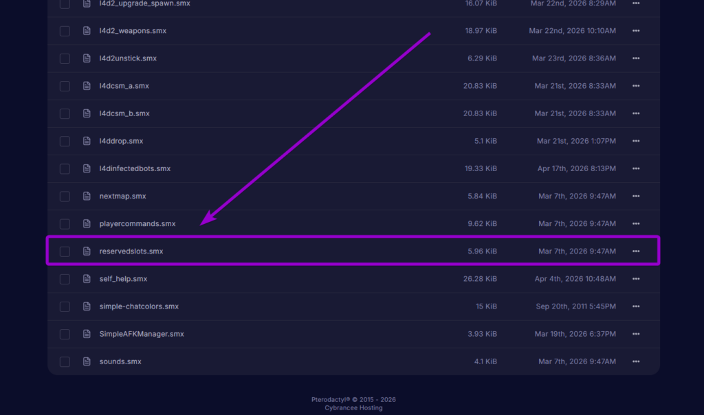 Locating and highlighting the reservedslots.smx plugin file inside the disabled folder on the server control panel