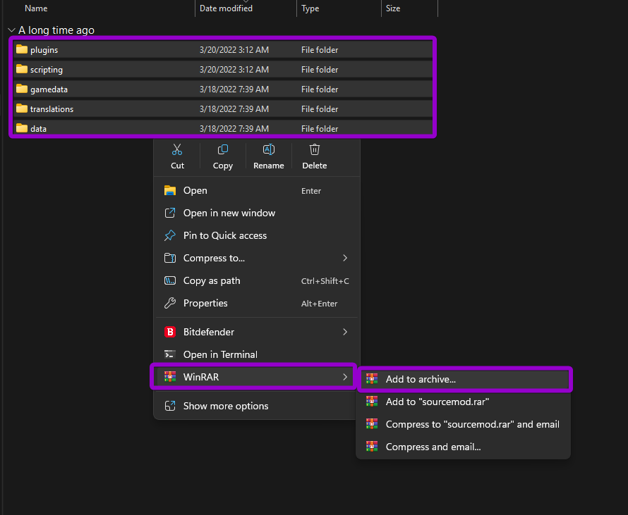 Selecting the plugin folders and adding them to a new archive using WinRAR