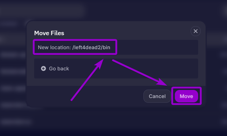 Typing the destination path to move the file into the left4dead2 bin folder