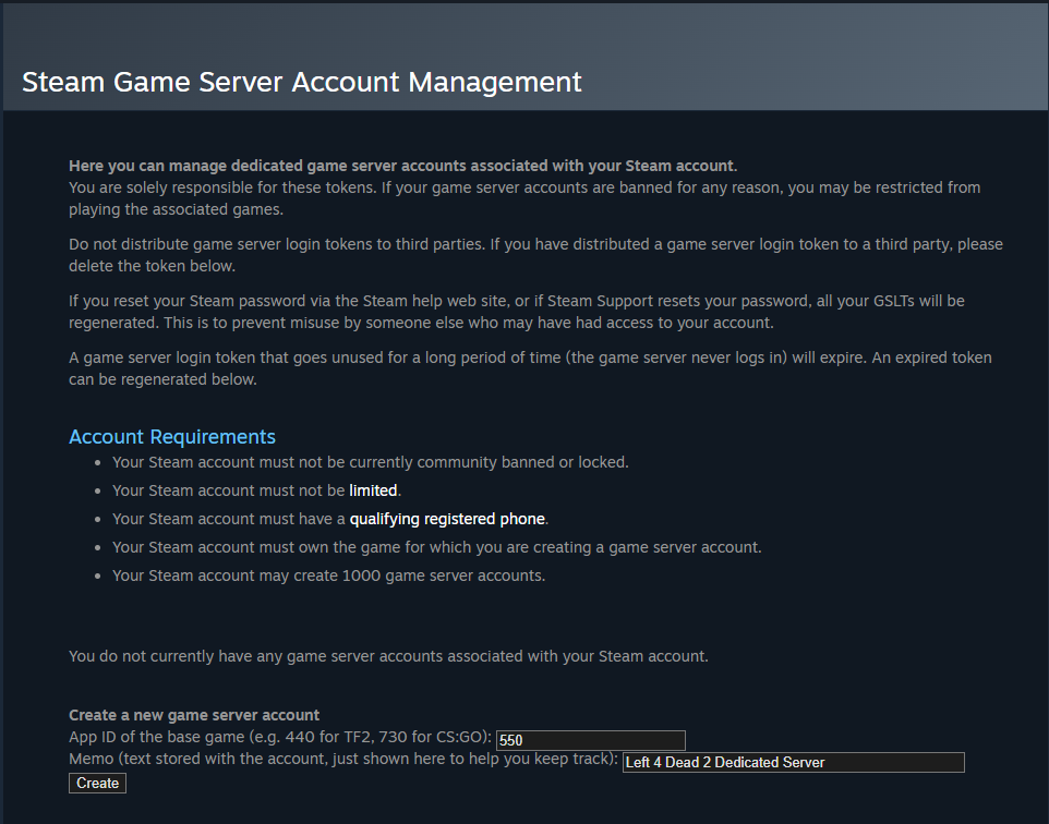 Steam Game Server Account Management Page