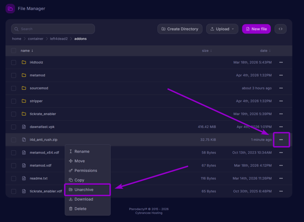 Using the control panel file manager options to unarchive the anti rush zip file directly inside the addons folder