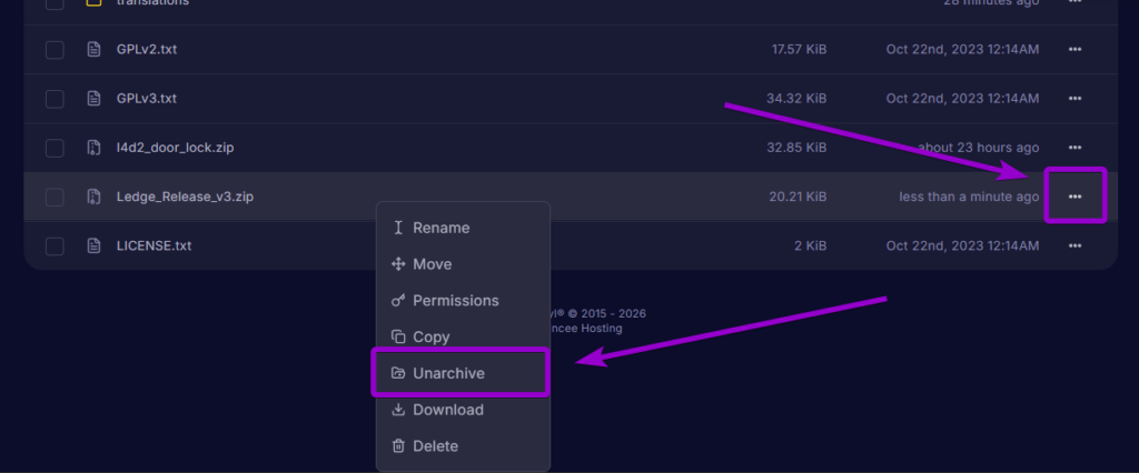 Clicking the unarchive option on the Ledge_Release_v3.zip file inside the server control panel