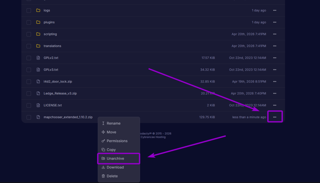 Clicking the unarchive option on the mapchooser extended zip file