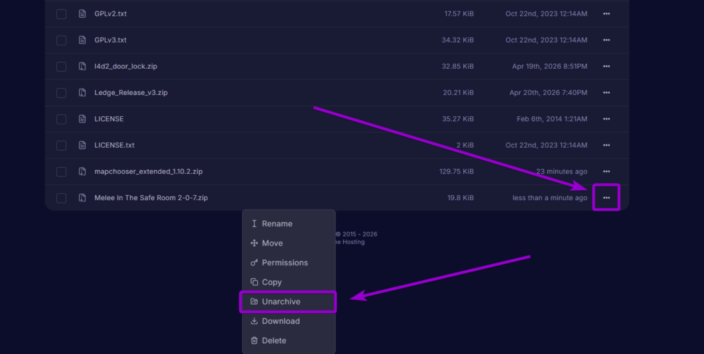 Clicking the unarchive option on the Melee In The Safe Room zip file