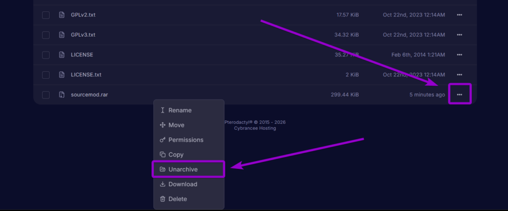 Clicking the unarchive option on the sourcemod.rar file