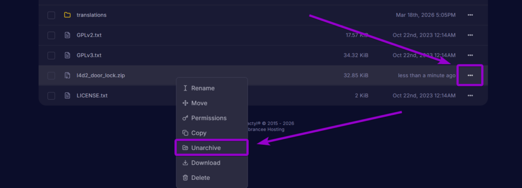 Clicking the unarchive option on the l4d2_door_lock.zip file inside the server control panel