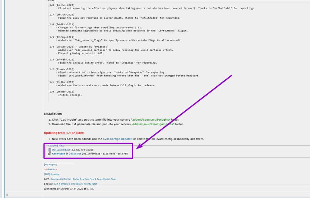 Downloading the UnVomit plugin files from the Left 4 Dead 2 AlliedModders forum post