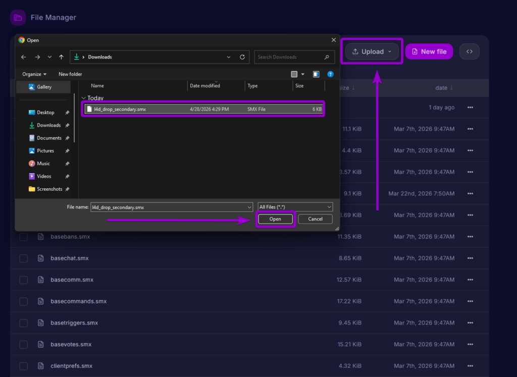 Uploading the l4d_drop_secondary.smx file into the server plugins folder