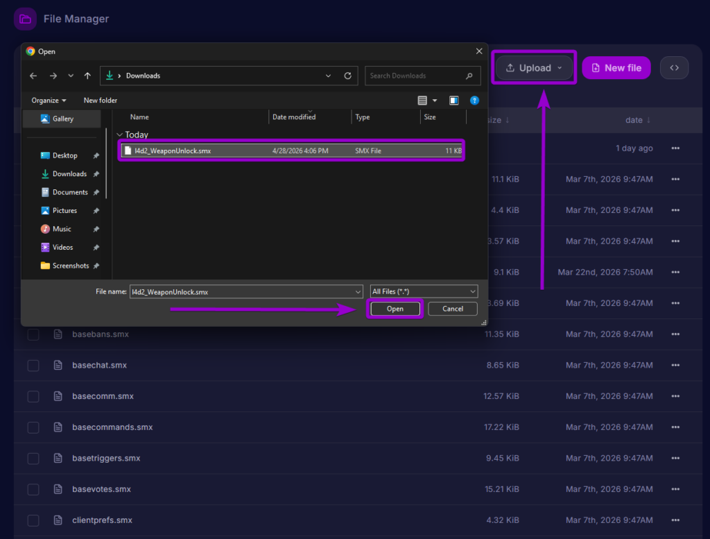Uploading the l4d2_WeaponUnlock.smx file into the server plugins folder