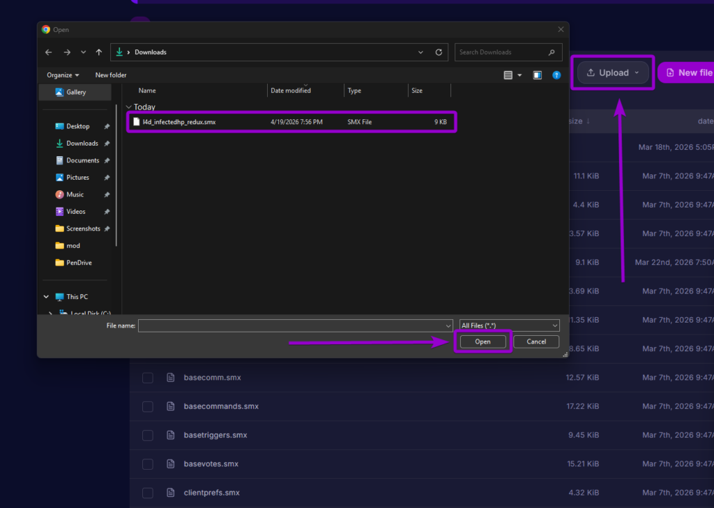 Uploading the l4d_infectedhp_redux.smx file to the Left 4 Dead 2 plugins folder