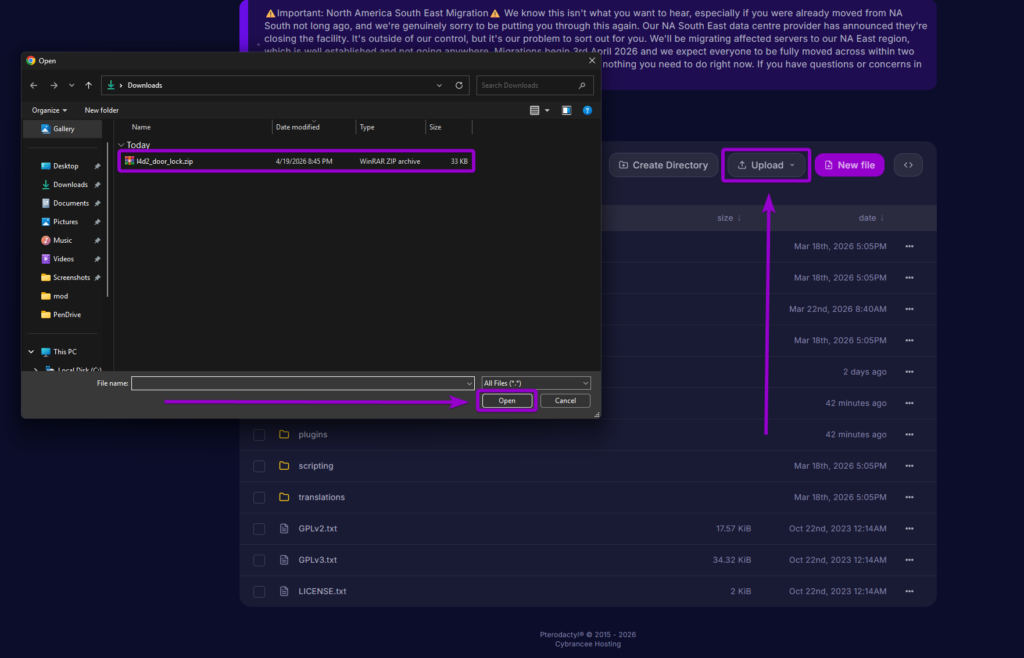 Uploading the l4d2_door_lock.zip file to the sourcemod folder in the server panel