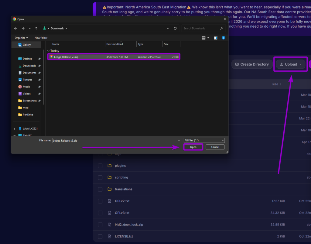 Uploading the Ledge_Release_v3.zip file to the sourcemod folder in the server panel