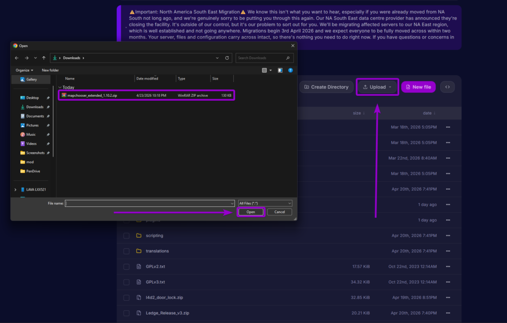 Uploading the mapchooser_extended_1.10.2.zip file to the server panel