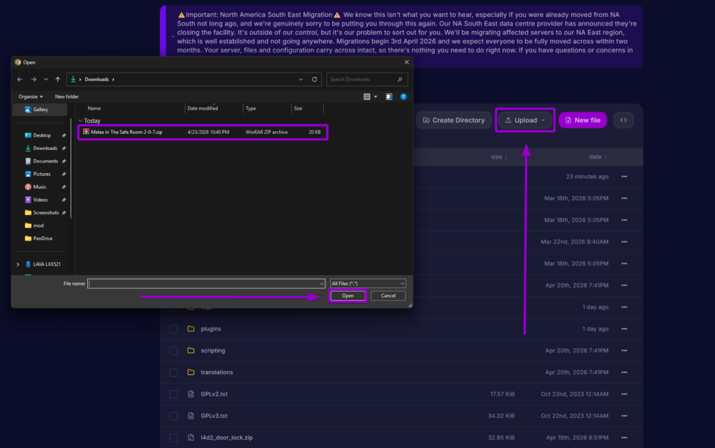 Uploading the Melee In The Safe Room 2-0-7.zip file to the sourcemod folder