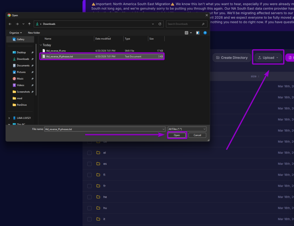 Uploading the l4d_reverse_ff.phrases.txt file into the sourcemod translations folder