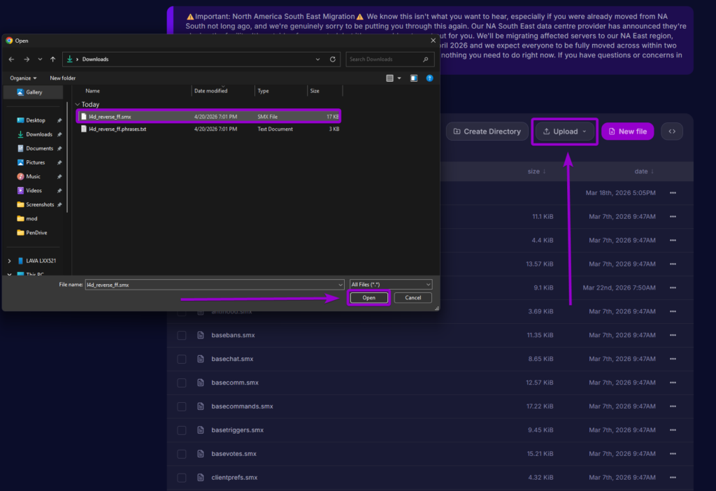 Uploading the l4d_reverse_ff.smx file to the Left 4 Dead 2 plugins folder
