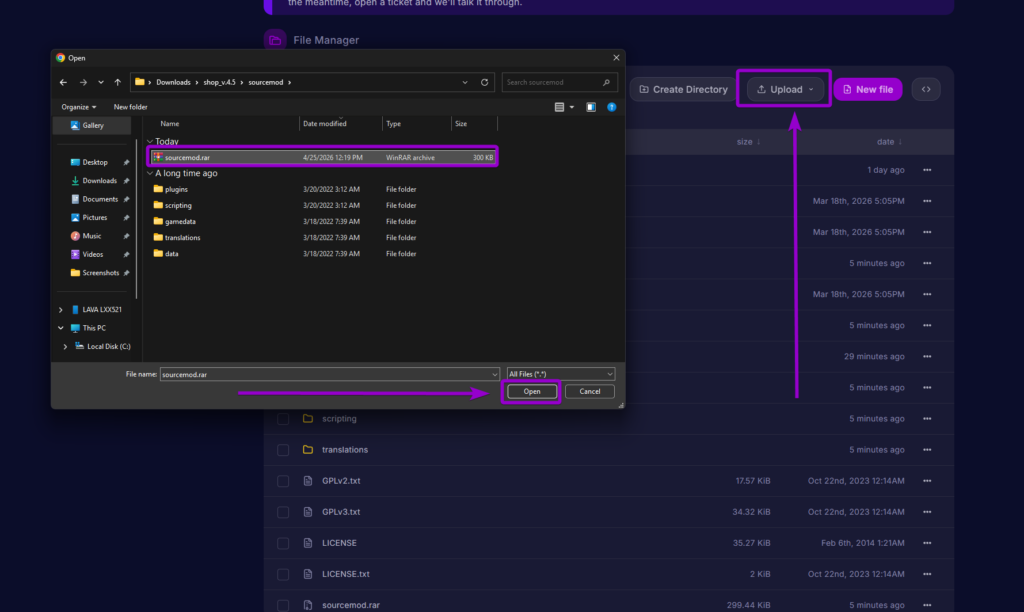 Uploading the custom sourcemod.rar file to the server control panel