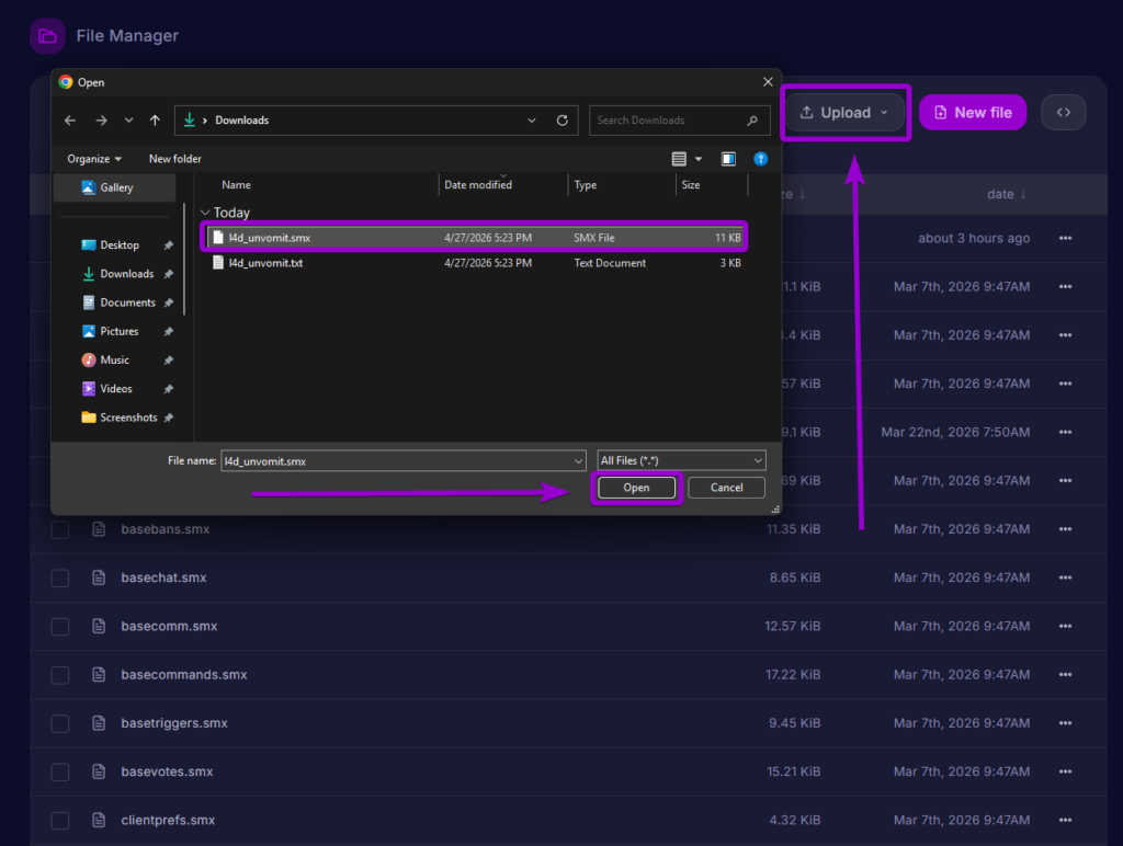 Uploading the l4d_unvomit.smx file into the sourcemod plugins directory