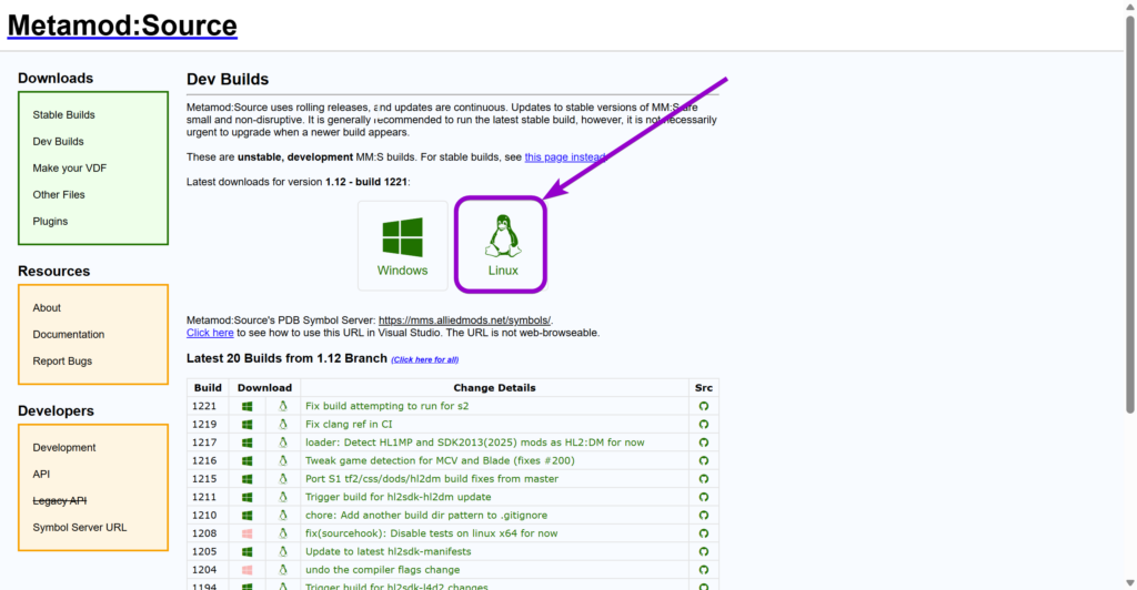 'Linux' version outlined with arrow