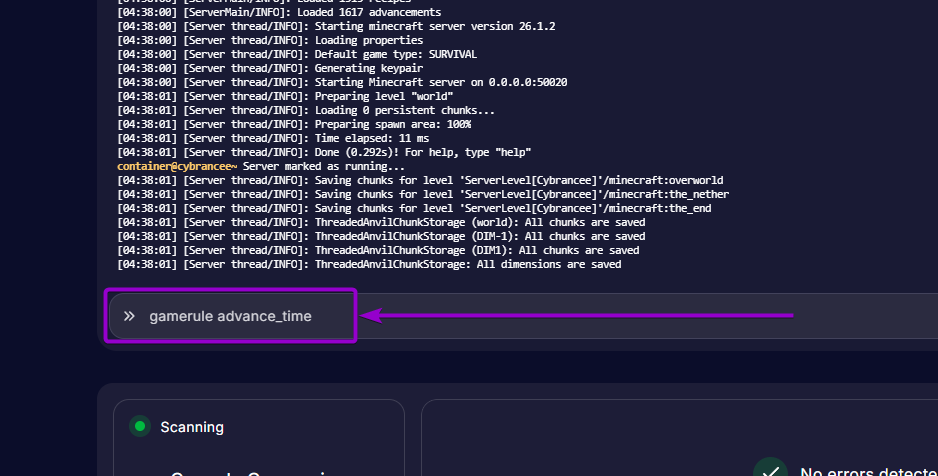 Minecraft - 'gamerule advance_time' command outlined with arrow