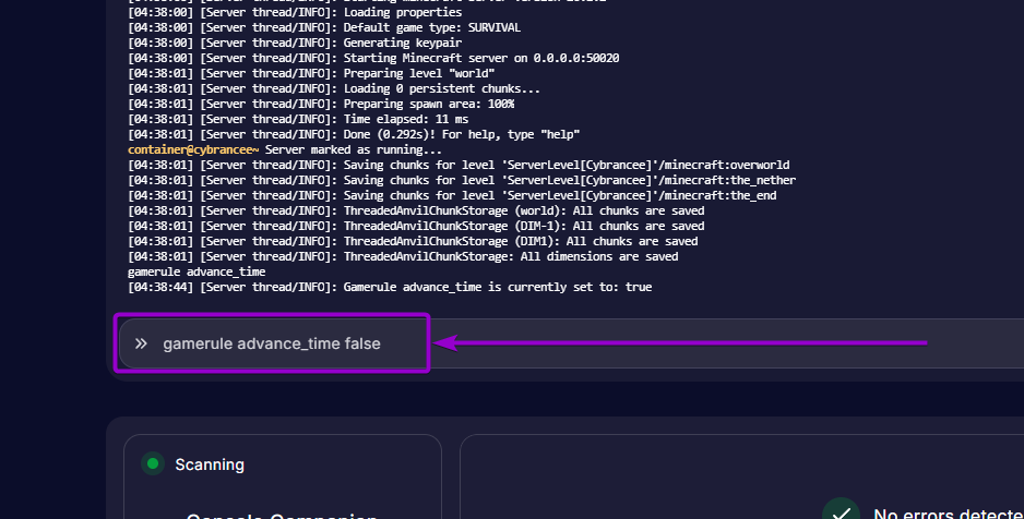 Minecraft - 'gamerule advance_time false' command outlined with arrow