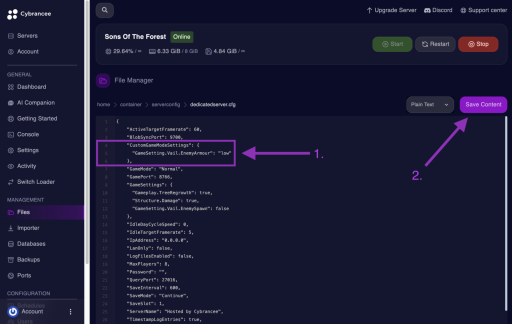 Cybrancee File Editor showing the CustomGameModeSettings section with enemy armor set to low for a Sons of the Forest server.