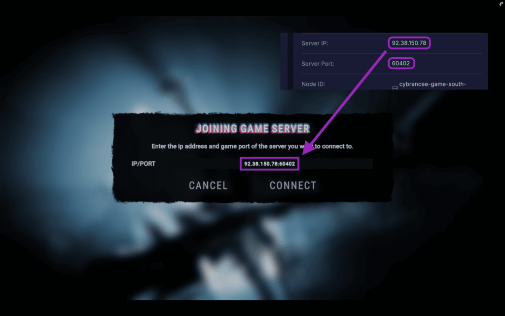 Sons of the Forest IP and Port entered in Join Server field