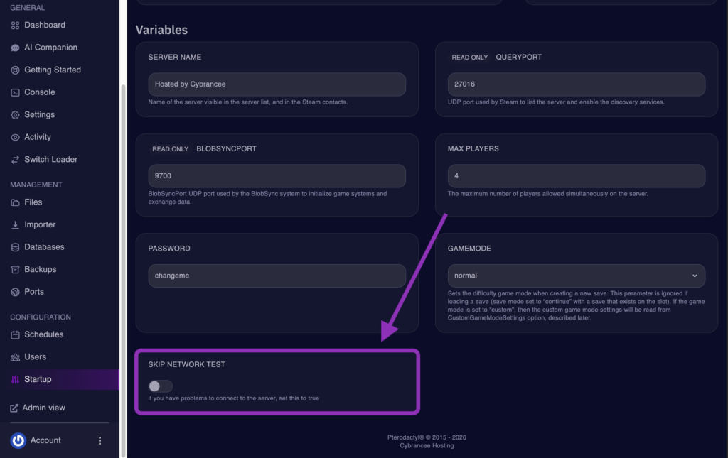 Cybrancee Panel Startup settings showing the Skip Network Test option location for a Sons of the Forest server.