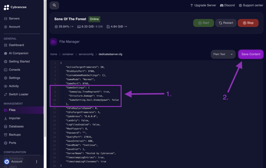 Cybrancee File Editor showing the GameSettings section with enemy spawn disabled for a Sons of the Forest server.