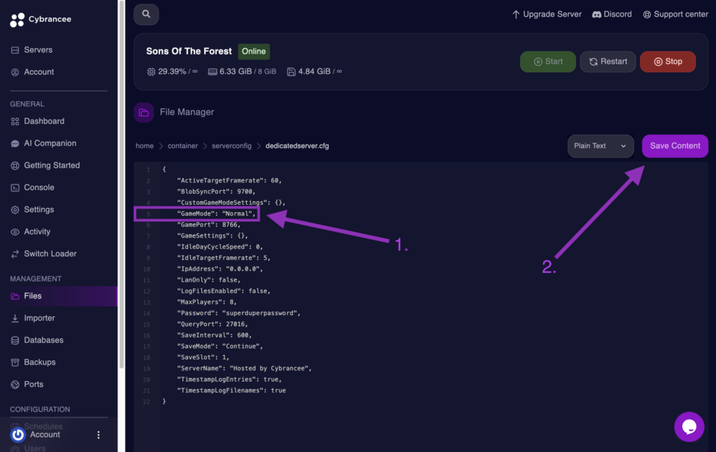 Cybrancee File Editor showing the GameMode field in dedicatedserver.cfg for a Sons of the Forest server.