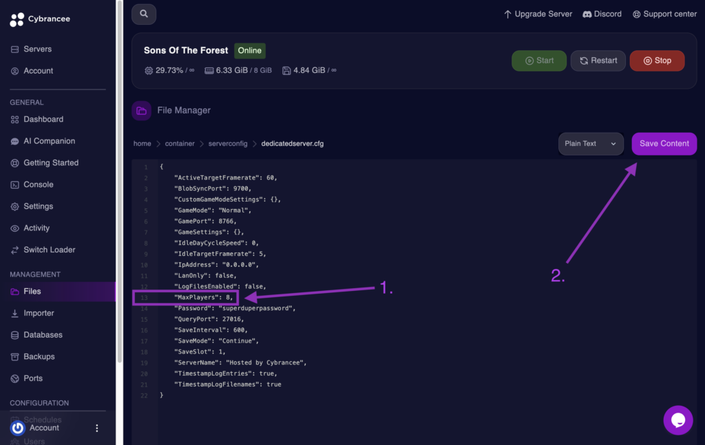 Cybrancee File Editor showing the MaxPlayers field in dedicatedserver.cfg for a Sons of the Forest server.