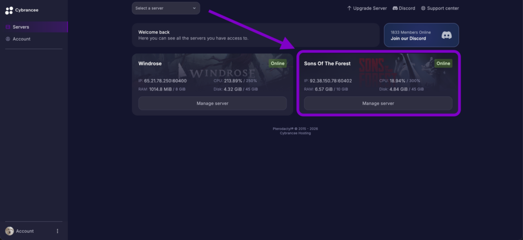 Cybrancee Panel Servers page highlighting the Sons of the Forest server.