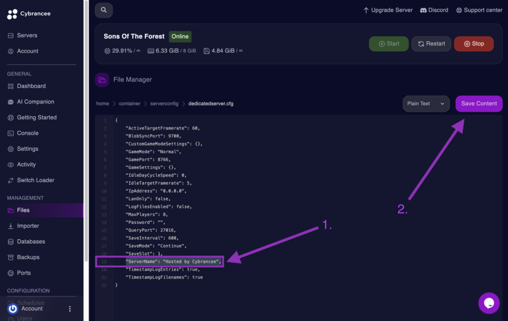Cybrancee File Editor showing the ServerName field in dedicatedserver.cfg for a Sons of the Forest server.