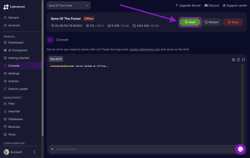 Cybrancee Panel highlighting the Start button for Sons of the Forest server.