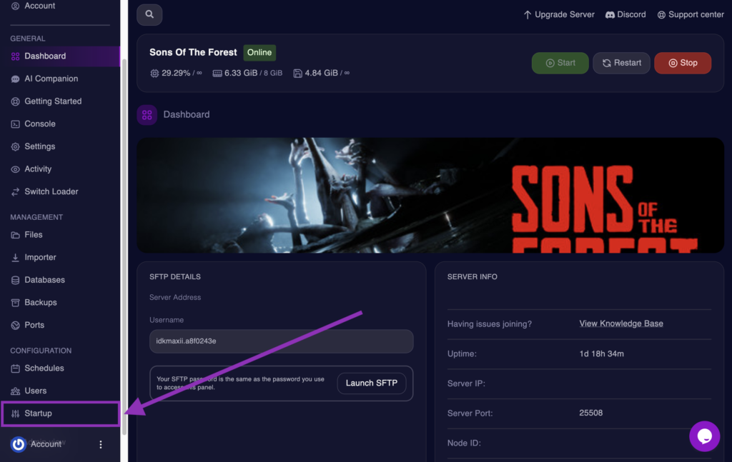 Cybrancee Panel Startup tab highlighted for a Sons of the Forest server.
