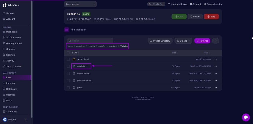 Locating the adminlist.txt on the Cybrancee File Manager