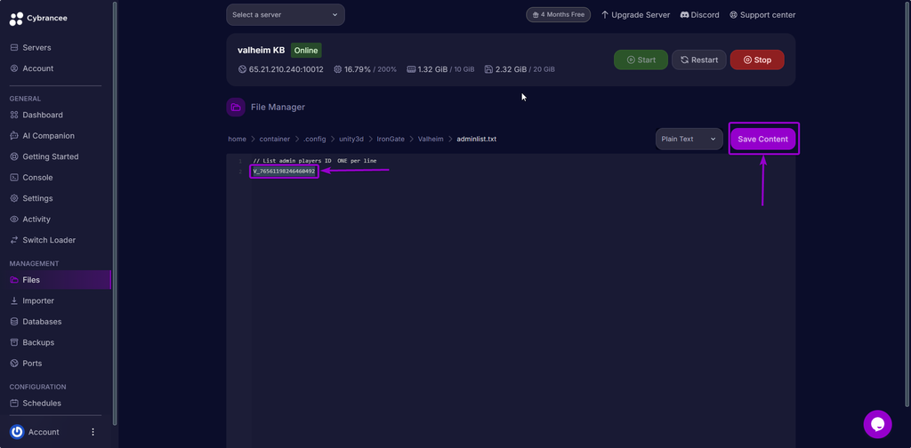 Input the Player ID to the Code Editor and Click Save Content on the Cybrancee Game Panel