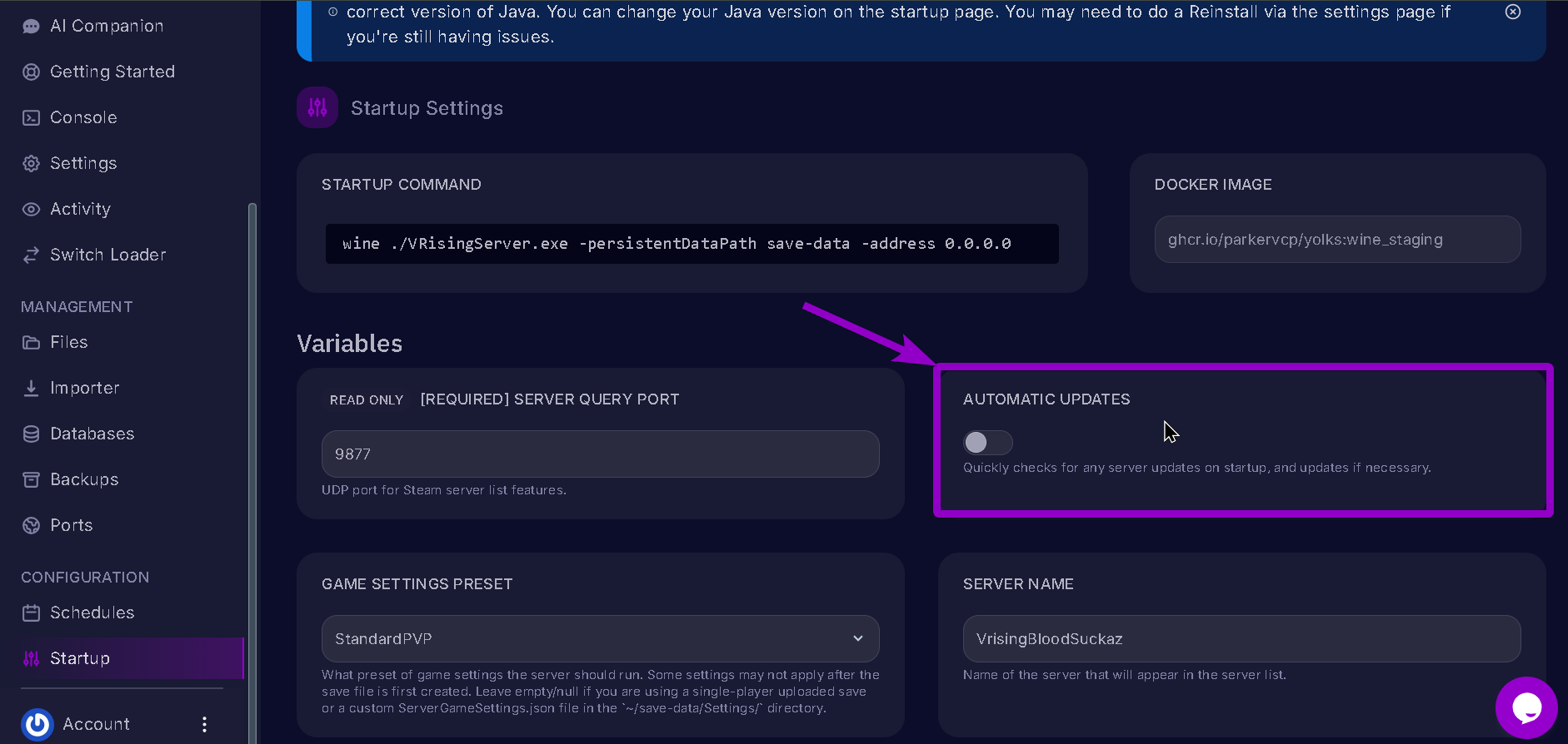 Vrising Automatic Updates Tab Highlighted with arrow.