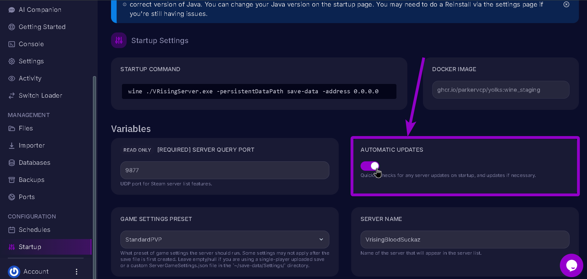 Vrising Automatic Updates on Highlighted with arrow.