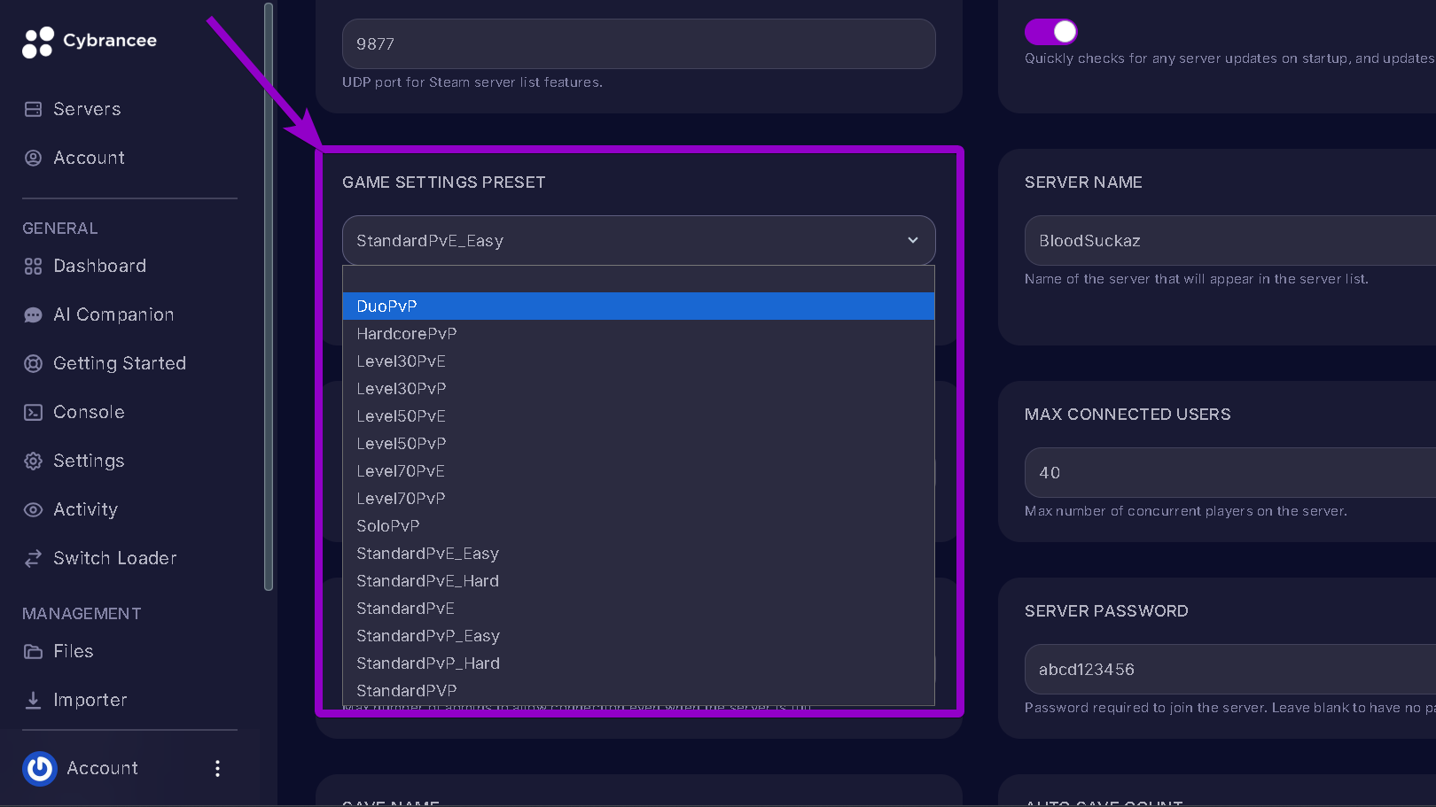 Vrising Game settings Preset Dropdown highlighted with arrow.