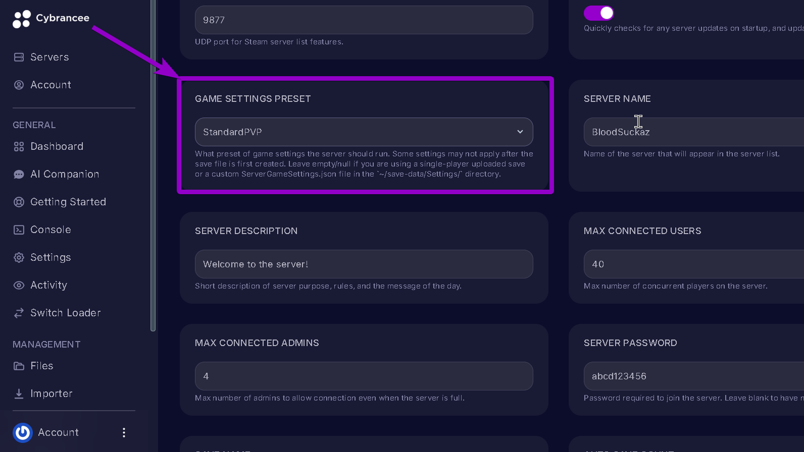 Vrising Game settings Preset Modified highlighted with arrow.